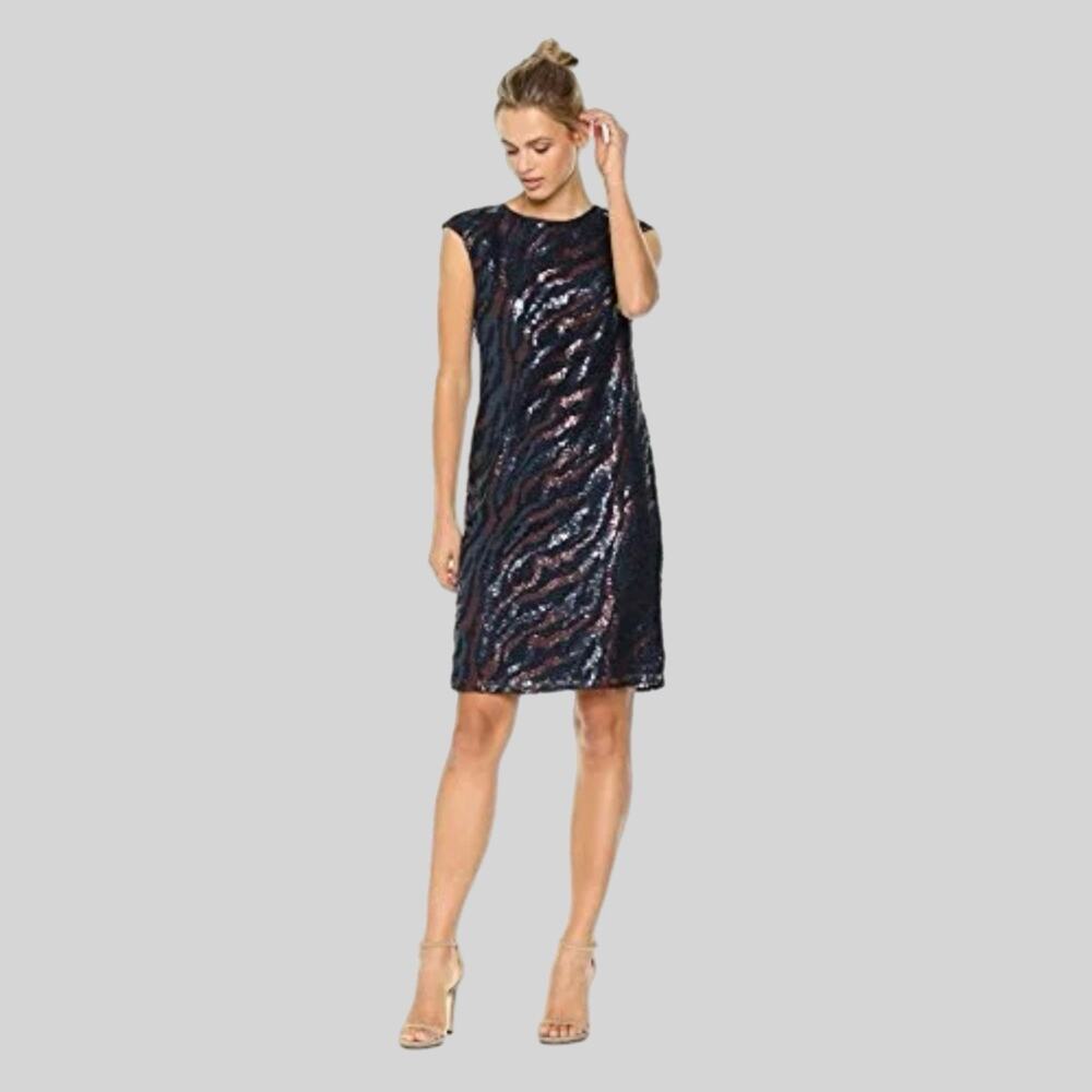 Nic + Zoe All Over Sequin Sheath Dress 6 Animal Print Blue Copper Going Out